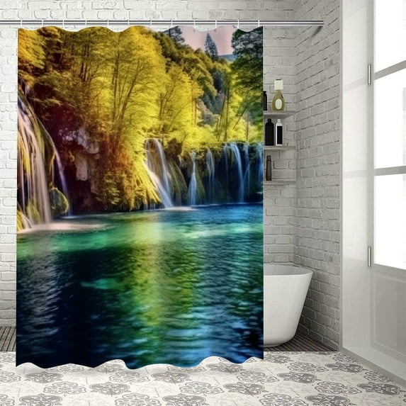 Fenyluxe Waterfall Forest Blue Water Pretty Shower Curtain Bathroom Decor Polyester Fiber with Hooks 36x72