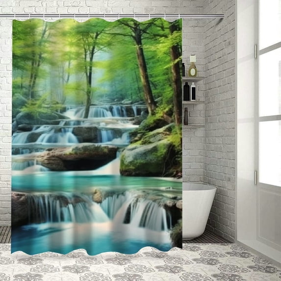 Fenyluxe Waterfall Forest River Shower Curtain for Bathroom Decoration 100% Polyester Home Bathtubs with Hooks Set 36"x72
