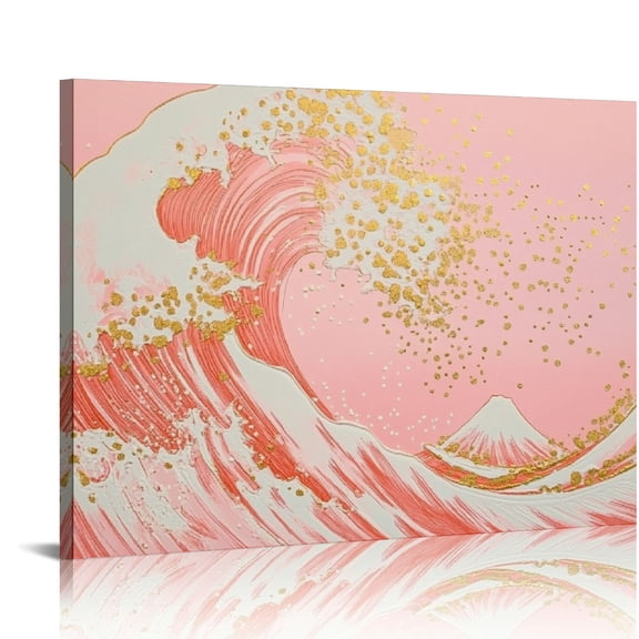 Fenyluxe Wave Gold Dots Pink Background Canvas Wall Art Decor for Home Living Room Bedroom Kitchen Bathroom Ready To Hang - Ideal Gift for Various Occasions 20x16in