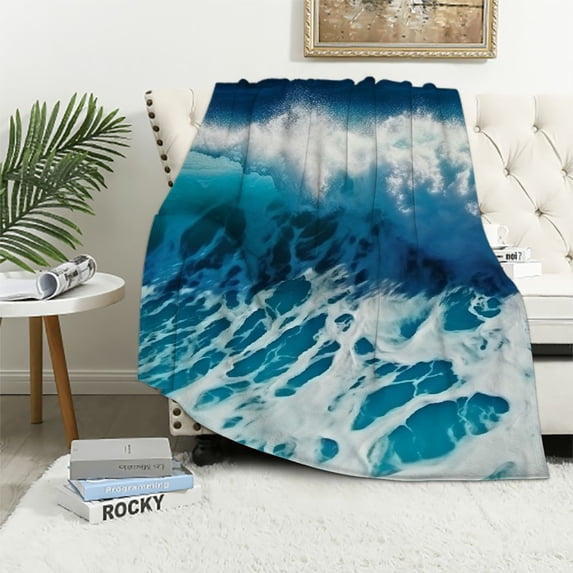 Fenyluxe Wave Ocean Shoreline Throw Blanket for Couch Sofa Bed Office Travel Camping School | Super Soft Flannel Blanket for All Seasons | Long-Lasting Blanket 50x60in
