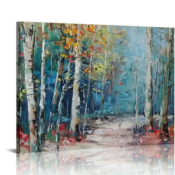 Fenyluxe  White Birch Tree Canvas Wall Art Forest Painting Landscape, Nature Teal Artwork Large  for Living Room Bedroom Bathroom Dinning Room Home Office Wall Decor 20x16 in/16x12 in