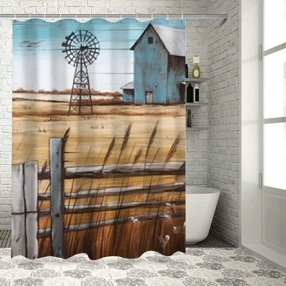 Fenyluxe Windmill Barn Countryside Quick-Drying Shower Curtain Set for Bathroom 100% Polyester Fiber Chic Modern Decor with Hooks 36x72