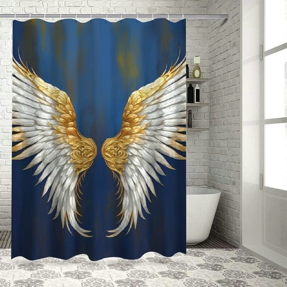 Fenyluxe Wings Gold Blue Quick-Drying Shower Curtain Set with Hooks, Chic Modern Bathroom Decor, 100% Polyester Fiber, Various Sizes 36x72