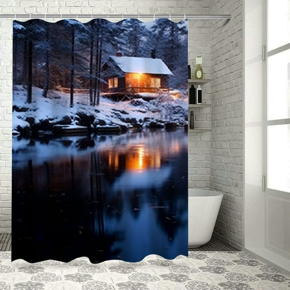 Fenyluxe Winter Cabin Printed Shower Curtain Decor Polyester Bathroom Decoration with Hooks 36x72