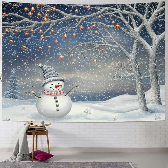 Fenyluxe  Winter Christmas Tapestry, Snowman Forest Tree Snowflake Tapestry Wall Hanging Pine Trees Covered Snow Tapestry Wall Hanging for Bedroom Living Room Dorm Decor 40x30inch