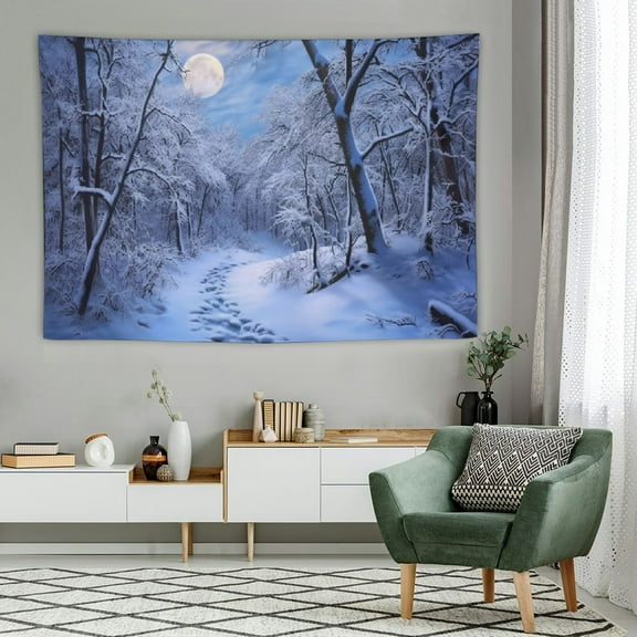 Fenyluxe Winter Forest Night Tapestry Wall Hanging 60x40 Inch Snow Forest White Frozen Trees Full Moon Night Tapestry Winter Scene Christmas Holiday Wall Decor for Living Room Bedroom