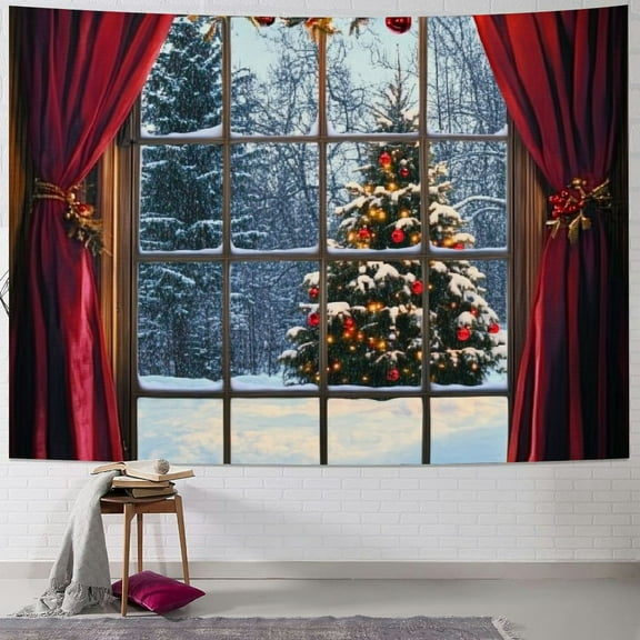 Fenyluxe  Winter Forest Tapestry, Christmas Pine Tree with Brown Window Red Curtain Wall Tapestry for Bedroom, Winter Scenery Wall Hanging Tapestry Wall Art for Living Room Home Decor 40x30inch