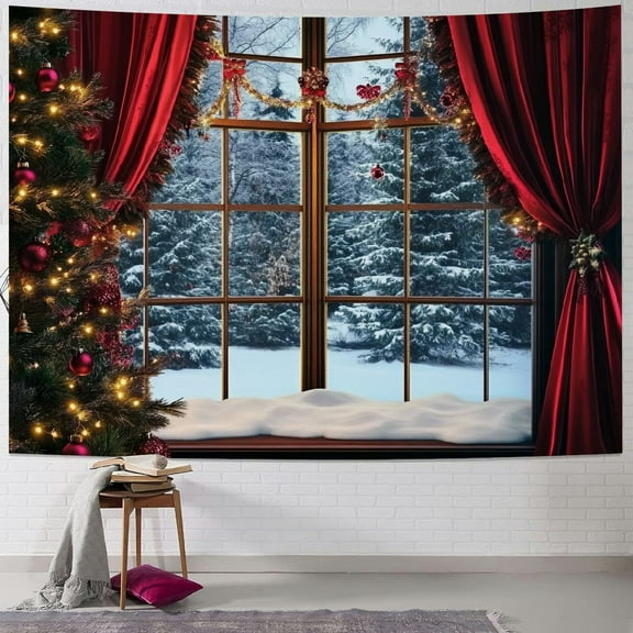 Fenyluxe  Winter Forest Tapestry, Christmas Pine Tree with Brown Window Red Curtain Wall Tapestry for Bedroom, Winter Scenery Wall Hanging Tapestry Wall Art for Living Room Home Decor 40x30inch