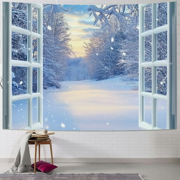Fenyluxe  Winter Forest Tapestry, Christmas Pine Tree with Snowflake and White Window Wall Tapestry for Bedroom, Glitter Snow Scene Wall Hanging Tapestry Wall Art for Living Room Home Decor 40x30inch