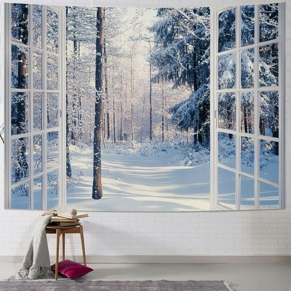 Fenyluxe  Winter Forest Window Tapestry White Snowflake Snowy Pine Tree Aesthetic Tapestry Nature Scenery Landscape Christmas Tapestries Wall Hanging Bedroom Living Room Bedroom College Dorm 40x30inch
