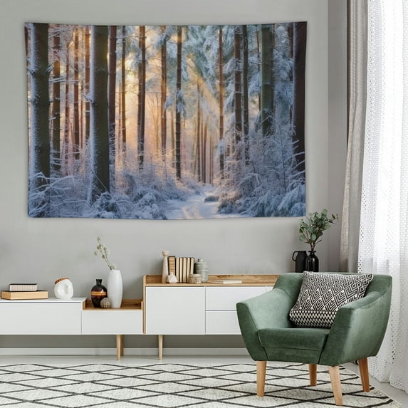 Fenyluxe Winter Snow Forest Tapestry, Black and Green Pine Tree with White Snowflake Wall Tapestry for Bedroom, Nature Landscape Tapestry Wall Art for Living Room Home Decor-60x40 In