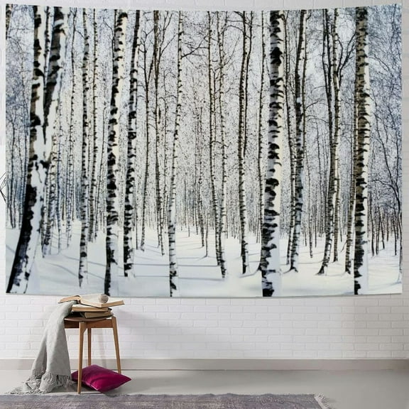 Fenyluxe  Winter Tapestry, Cold Season Birch Grove in The Forest Leafless Tree Branches Scenic Nature Image,Wall Hanging Decor for Bedroom Living Room Dorm,Brown White 40x30inch