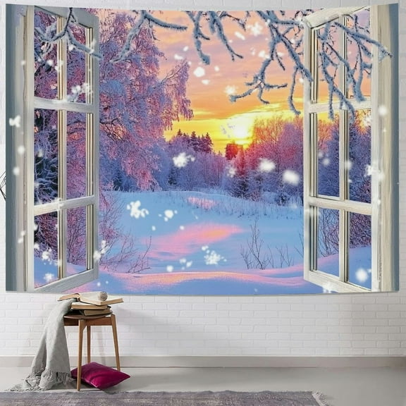 Fenyluxe  Winter Tapestry Pink Romantic Snow Scene Outside Window Tapestries Christmas Nature Scenery Blanket Wall Hanging for Bedroom Living Room Dorm Holiday Party Wall Decor 40x30inch