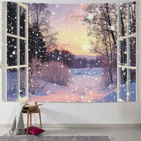 Fenyluxe Winter Tapestry Pink Romantic Snow Scene Outside Window Tapestries Christmas Nature Scenery Blanket Wall Hanging for Bedroom Living Room Dorm Holiday Party Wall Decor 40x30inch