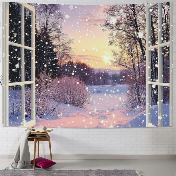 Fenyluxe Winter Tapestry Pink Romantic Snow Scene Outside Window Tapestries Christmas Nature Scenery Blanket Wall Hanging for Bedroom Living Room Dorm Holiday Party Wall Decor 60x50inch