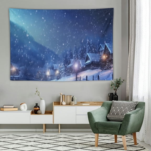 Fenyluxe Winter Tapestry Rustic Village Night View Christmas Tapestry Forest Trees Snowing Dark Blue Sky Wall Hanging Winter Nature Landscape Wall Art for Bedroom Home Decor-60X40 in