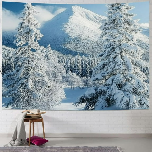 Fenyluxe  Winter Tapestry Snow Pine Tree Forest and Mountain Nature Landscape outside Window Tapestry Wall Hanging Christmas Tapestry for Bedroom Living Room Dorm Party Wall Deco 40x30inch