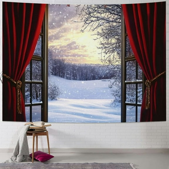 Fenyluxe  Winter Tapestry Wall Hanging Snow Scene Outside Vintage Window Tapestries Red Christmas Balls New Year Wall Decor Blanket for Bedroom Living Room Holiday Party 40x30inch