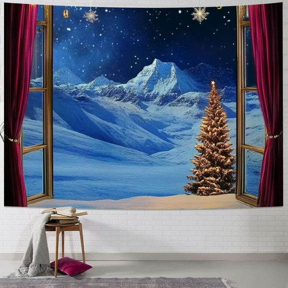 Fenyluxe Winter Tapestry Wall Hanging Snow Scene Outside Vintage Window Tapestries Red Christmas Balls New Year Wall Decor Blanket for Bedroom Living Room Holiday Party 60x50inch