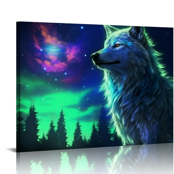 Fenyluxe Wolf Moon Forest Canvas Art Modern Prints Ready To Hang Room Home Decor 16x12in