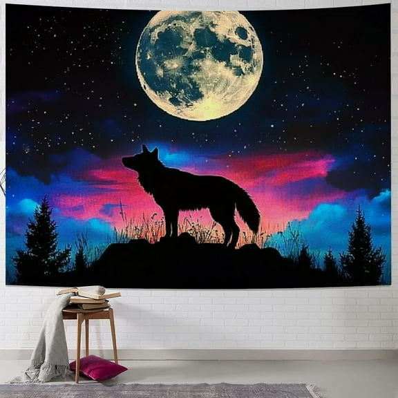 Fenyluxe  Wolf Tapestry Wall Hanging Full Moon in Blue Starry Sky Tapestry for Bedroom, Wild Animal Wolves on Mountain and Forest Nature Tapestry for Living Room Dorm Wall Decor 40x30inch