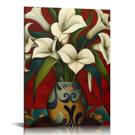 Fenyluxe Wynwood Mexican Flower Vase Canvas Art , Wall Art for Living Room, Bedroom, and Bathroom, 16x20 in/12x16 in, White and Brown Home Decor