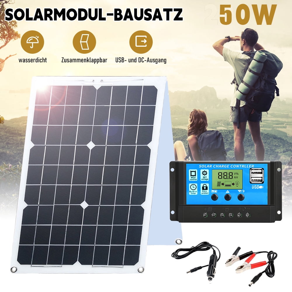 Feoflen 50W Foldable Solar Panel, Portable Solar Panel Car Charger, Solar Panel with Crocodile Clip and USB Port for Outdoor Camping Hiking