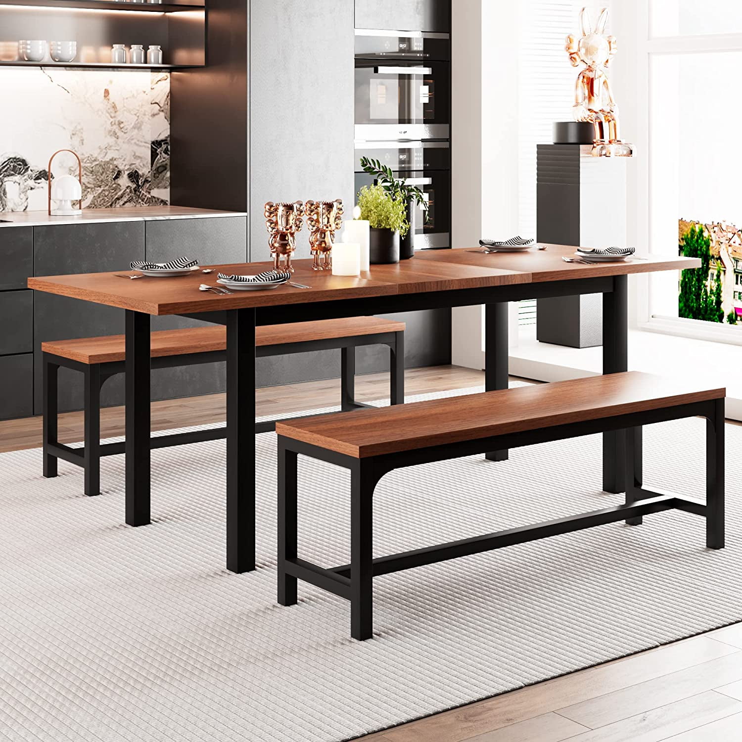 Feonase 3-Piece 63" XL Large Dining Table Set for 6-8 People Extendable Kitchen Table Set with 2 ...