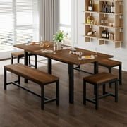 Feonase 5-Piece Dining Table Set for 4-8 People, 63 Extendable Kitchen Table with 2 Benches and 2 Square Stools, Mid-Century Modern Wooden Dining Room Table, Space-Saving, Walnut