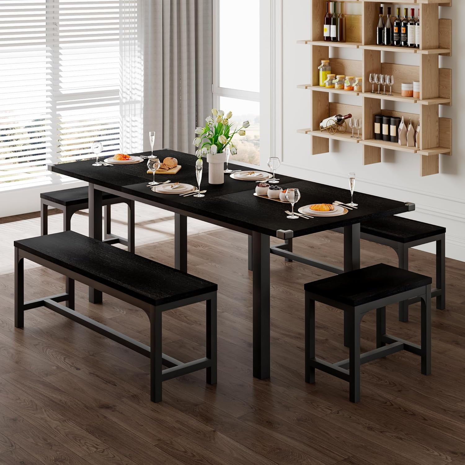 5-Piece Dining Table Set for 4-8 People, 63" Large Extendable Kitchen Table Set with 2 Benches ...