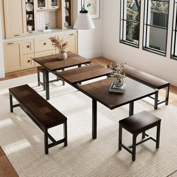 Honfach 5 Piece Dining Table Set for 4-8 People, 63" Large Extendable Kitchen Table Set with 2 Benches and 2 Square Stools, Dining Room Table with MDF Wood Board,Espresso