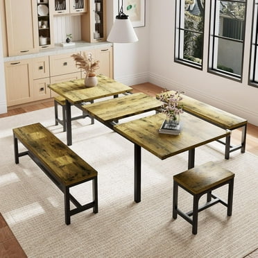 Feonase 5 Piece Dining Table Set for 4-8 People, 63" Large Extendable Kitchen Table Set with 2 Benches and 2 Square Stools, Dining Room Table with MDF Wood Board，Rustic Brown