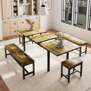 Honfach 5 Piece Dining Table Set for 4-8 People, 63" Large Extendable Kitchen Table Set with 2 Benches and 2 Square Stools, Dining Room Table with MDF Wood Boar