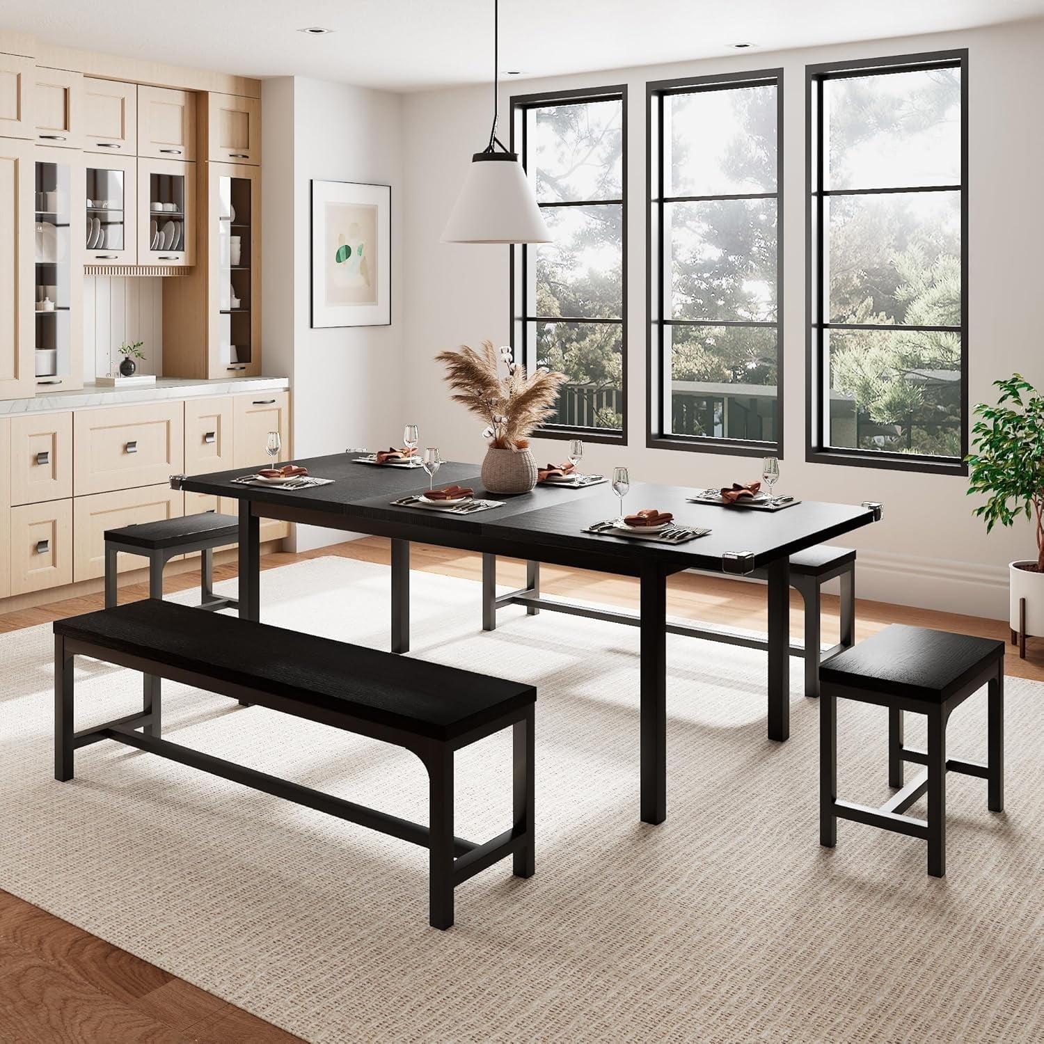 Feonase 5 Piece Dining Table Set for 4-8 People, 63" Large Extendable Kitchen Table Set with 2 ...