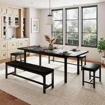 Feonase 5 Piece Dining Table Set for 4-8 People, 63" Large Extendable Kitchen Table Set with 2 Benches and 2 Square Stools, Black