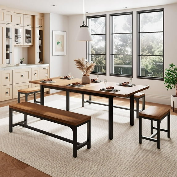 Honfach 5 Piece Dining Table Set for 4-8 People, 63" Large Extendable Kitchen Table Set with 2 Benches and 2 Square Stools, Walnut
