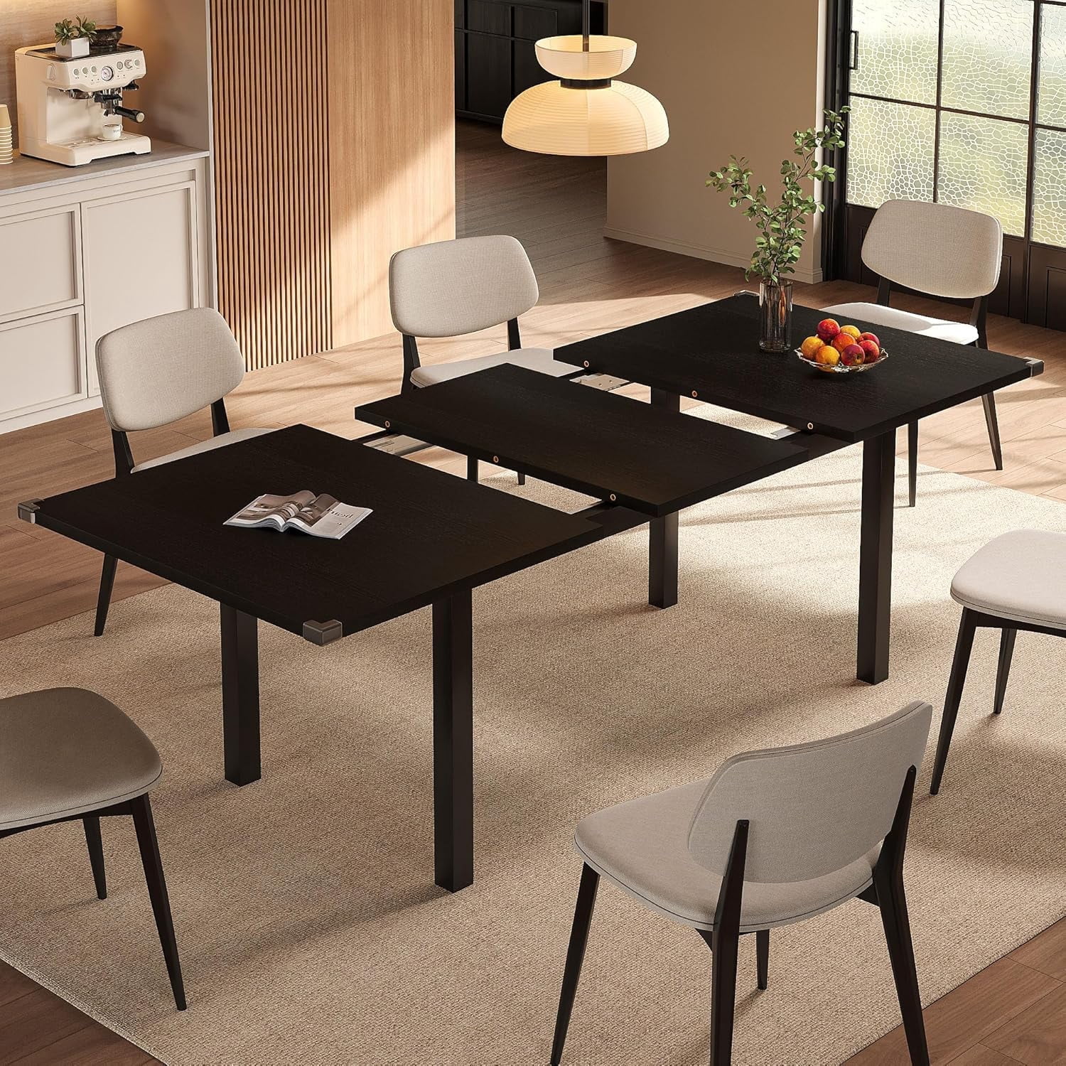 Honfach 63" Extendable Dining Table for 4-8, Square Wooden Dining Room Table with Metal Base, Modern Extendable Table for e for Small Kitchens, Dining Office Areas, Black