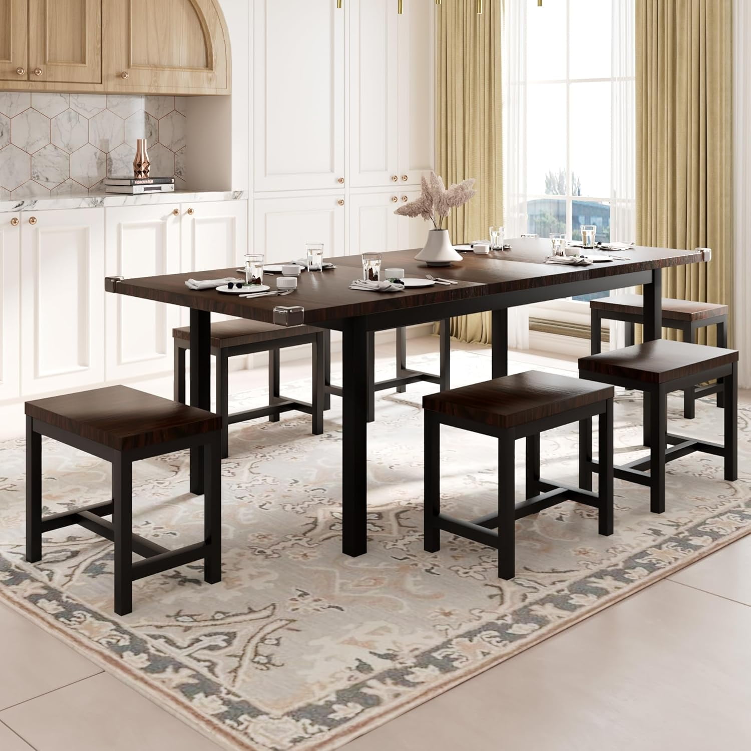 Feonase 7-Piece Kitchen Table Set with 6 Stools, 63" Large Extendable ...