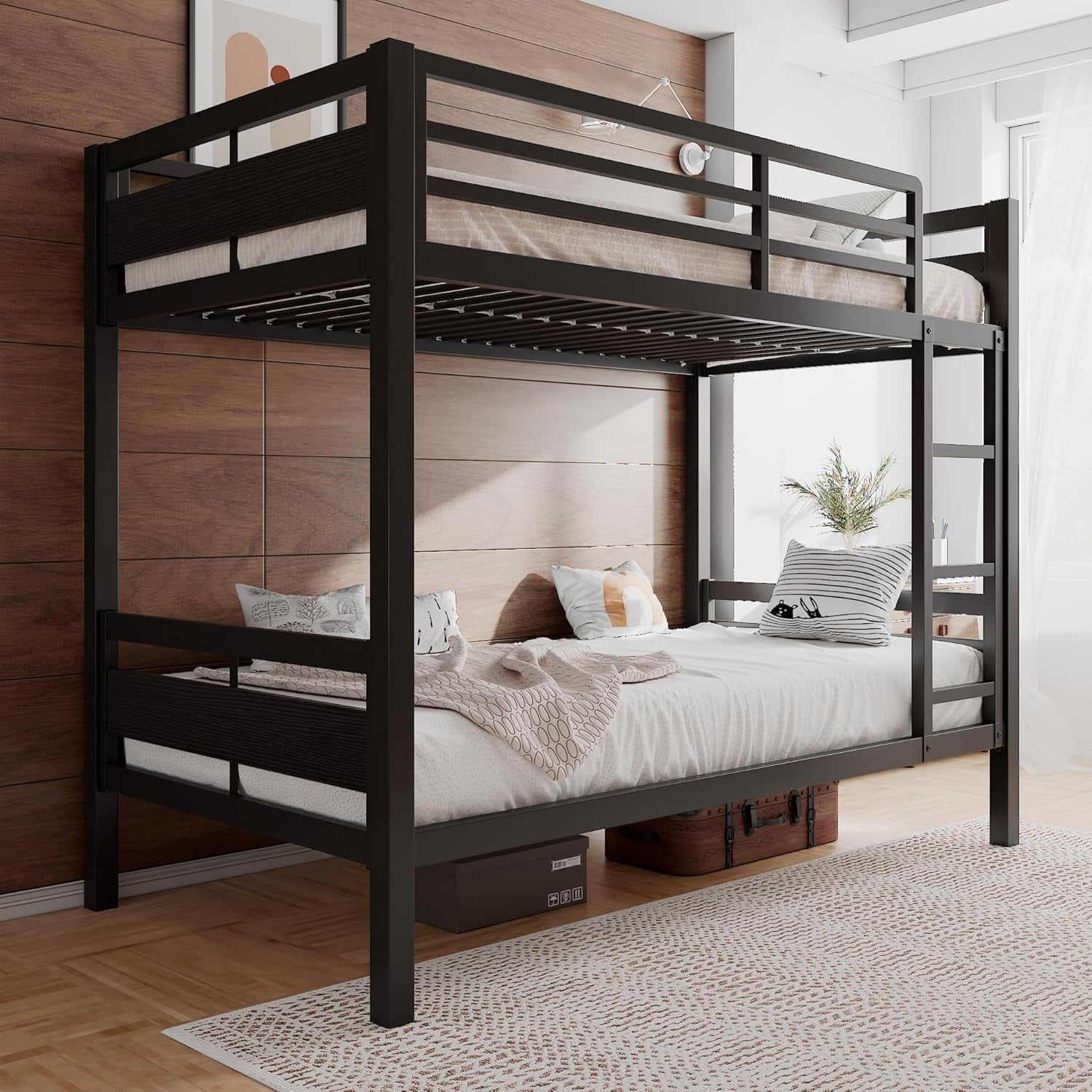 Honfach Metal Bunk Bed Twin Over Twin, Heavy Duty Metal Bed with Ladder and High Guardrail, Under-Bed Storage Space, No Box Spring Needed, Noise Free, Black