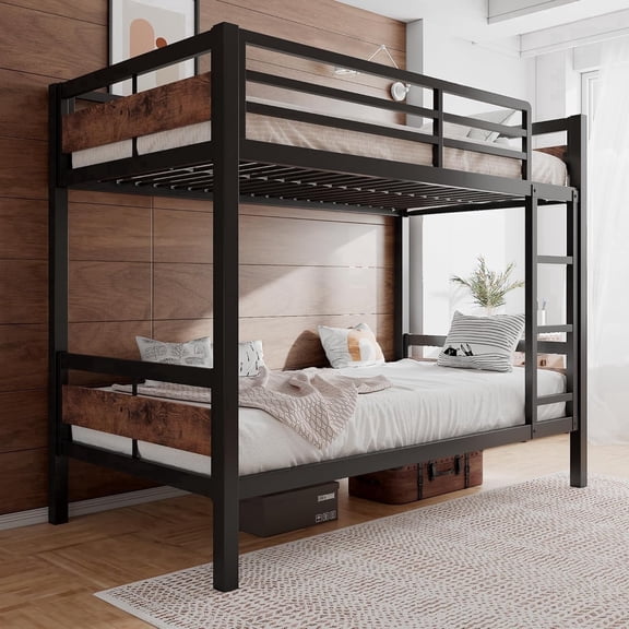 Honfach Metal Bunk Bed Twin Over Twin, Heavy Duty Metal Bed with Ladder and High Guardrail, Under-Bed Storage Space, No Box Spring Needed, Noise Free,Rustic Brown