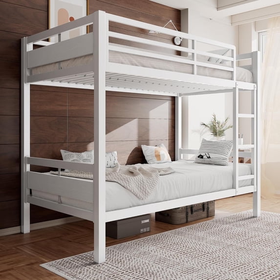Honfach Metal Bunk Bed Twin Over Twin, Heavy Duty Metal Bed with Ladder and High Guardrail, Under-Bed Storage Space, No Box Spring Needed, Noise Free,White