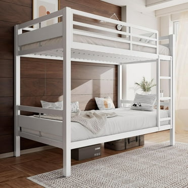 Feonase Bunk Bed Twin Over Twin, Heavy Duty Metal Bed with Ladder and Full-Length Guardrail, Under-Bed Storage Space, No Box Spring Needed, Noise Free,White