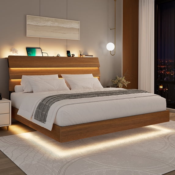 Feonase Floating Bed Frame King with Led Lights and Charging Station, Wood Full Size Bed Frame with Storage Headboard, Heavy Duty Metal Slats, No Box Spring Needed, Easy Assembly,Walnut