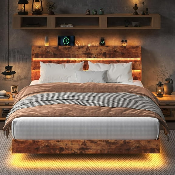 Feonase Floating Bed Frame King with Led Lights and Charging Station, Wood Full Size Bed Frame with Storage Headboard, Heavy Duty Metal Slats, No Box Spring Needed, Easy Assembly,Vintage Brown