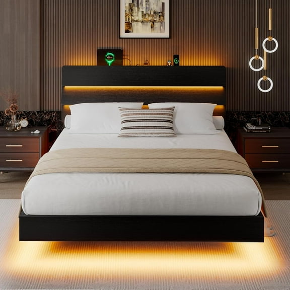 Honfach Floating Full Size Bed Frame with LED Lights & Charging Station, Platform Bed with Wooden Storage Headboard, Black.