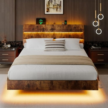 Feonase Floating Full Size Bed Frame with LED Lights & Charging Station, Platform Bed with Wooden Storage Headboard, Vintage Brown