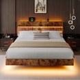 thumbnail image 1 of Honfach Floating King Size Bed Frame with LED Lights & Charging Station, Platform Bed with Wooden Storage Headboard, Steel Slats Support,Vintage Brown, 1 of 9