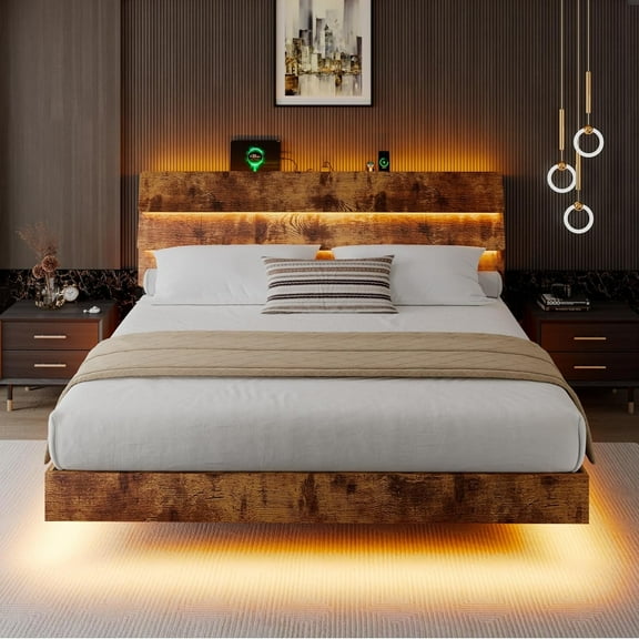 Honfach Floating King Size Bed Frame with LED Lights & Charging Station, Platform Bed with Wooden Storage Headboard, Steel Slats Support,Vintage Brown