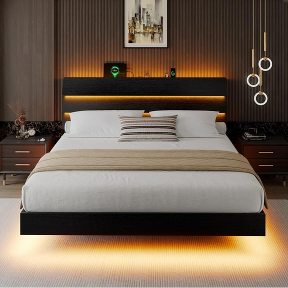 Honfach Floating King Size Bed Frame with LED Lights & Charging Station, Platform Bed with Wooden Storage Headboard, Black.