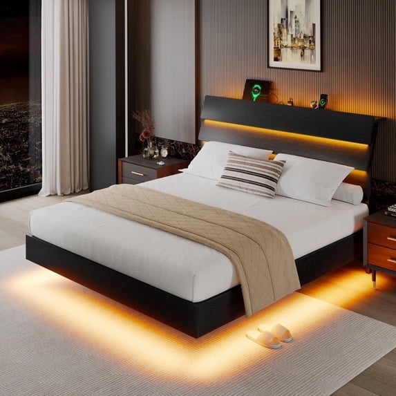 Honfach Floating Queen Size Bed Frame with LED Lights & Charging Station, Platform Bed with Wooden Storage Headboard,Black.